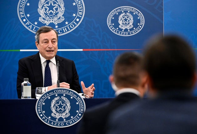 Italian Prime Minister Mario Draghi attends a press conference after the Cabinet Meeting on economic...