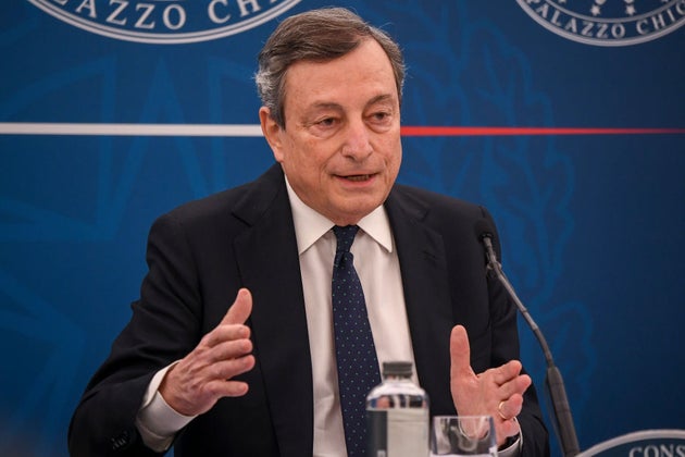 ROME, ITALY - MARCH 19: Italian Prime Minister Mario Draghi speaks during a press conference to present...