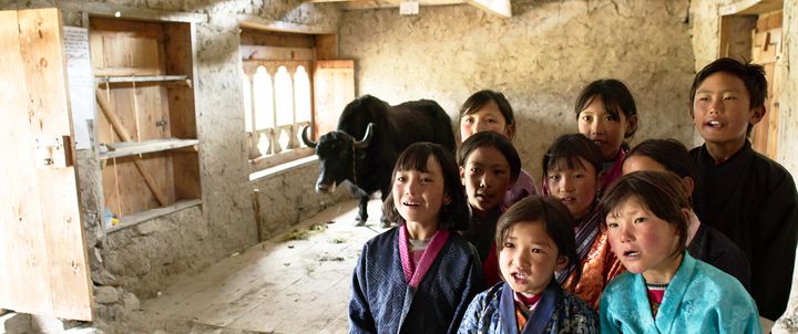 「ブータン 山の教室」に出てくる教室内のヤクと子供たち