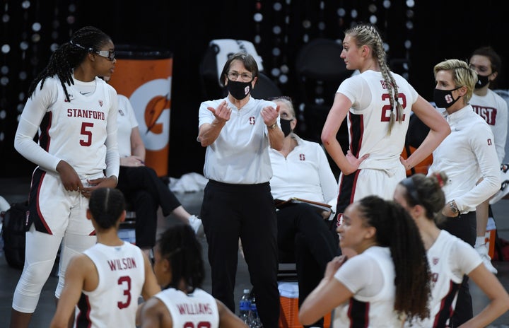 Stanford head coach Tara VanDerveer, pictured with her players during the Pac-12 tournament, accused the NCAA of "blatant sexism."