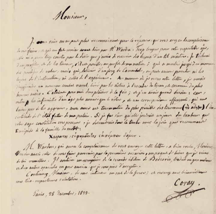 Επιστολή του Αδαμάντιου Κοραή προς τον Τόμας Τζέφερσον, 1823. Βιβλιοθήκη του Κογκρέσου, Ουάσιγκτον.