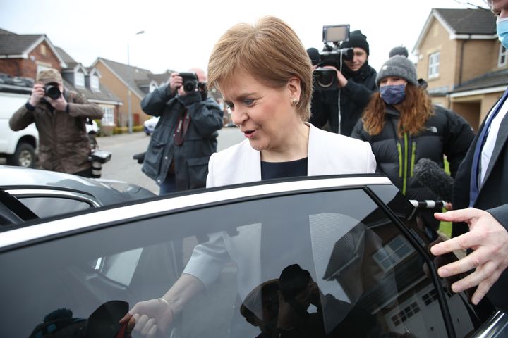 First Minister of Scotland, Nicola Sturgeon, leaves her home in Glasgow. Picture date: Monday March 22, 2021.