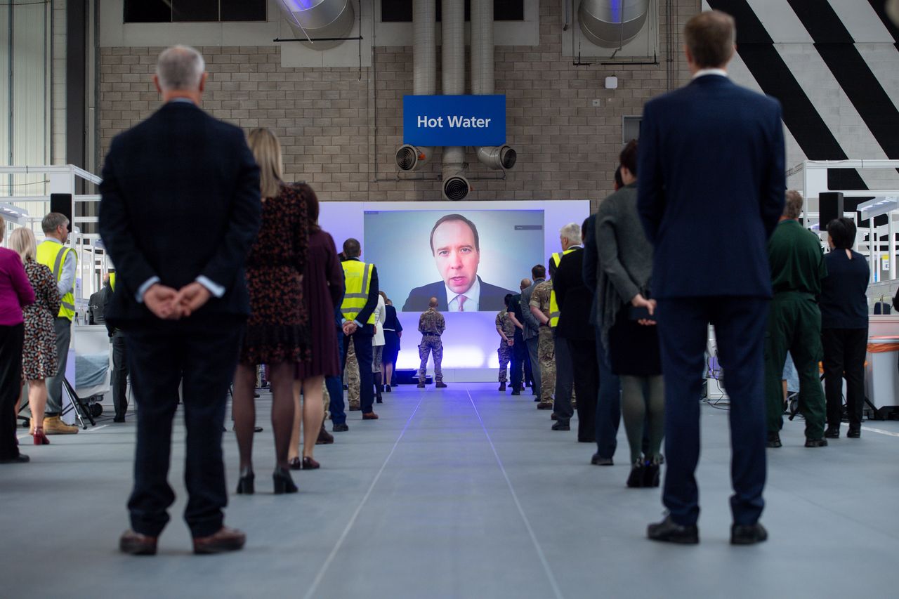 Health secretary Matt Hancock speaking via videolink at the opening of the NHS Nightingale Birmingham, in the National Exhibition Centre (NEC). The hospital has never been used.