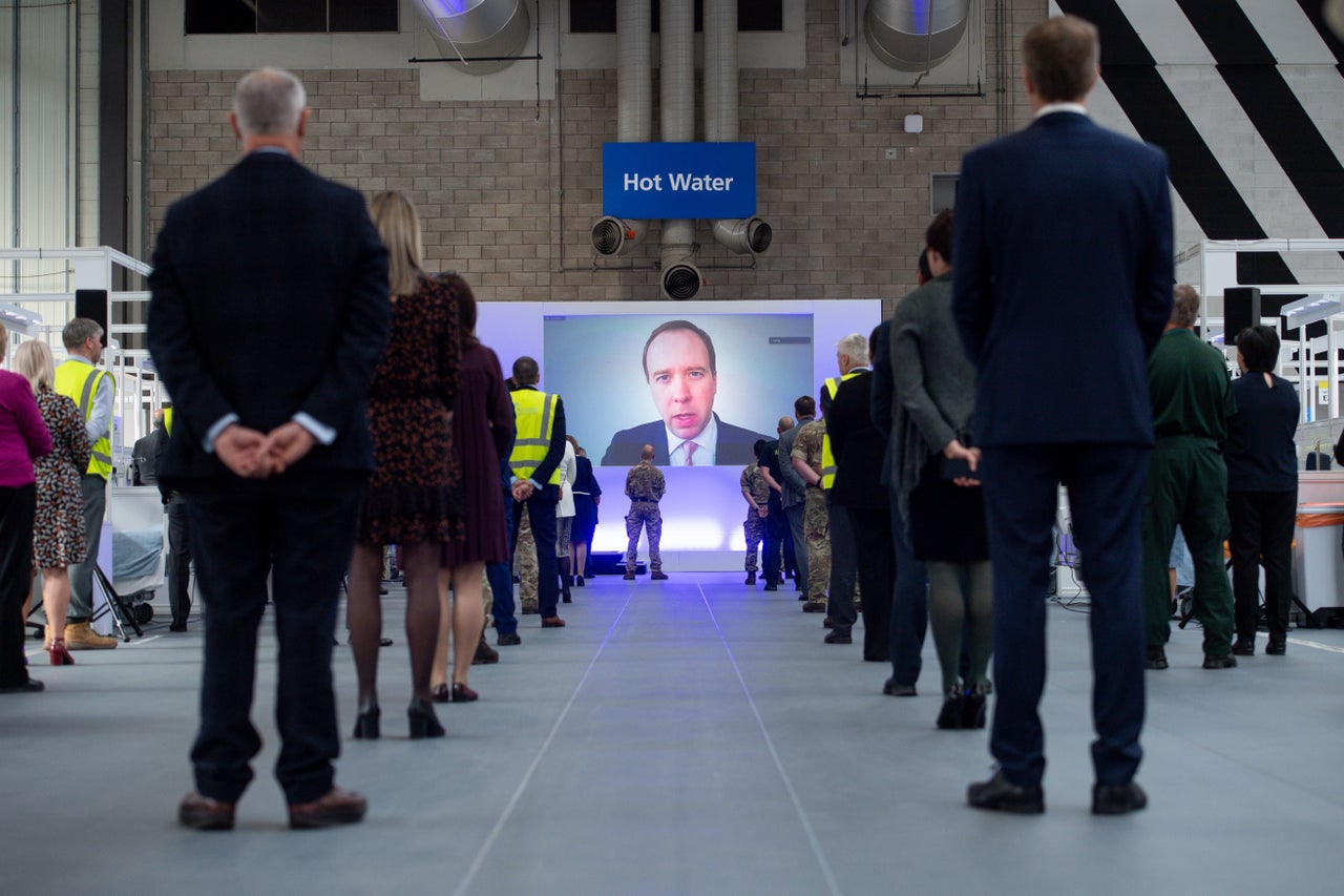 Health secretary Matt Hancock speaking via videolink at the opening of the NHS Nightingale Birmingham, in the National Exhibition Centre (NEC). The hospital has never been used.