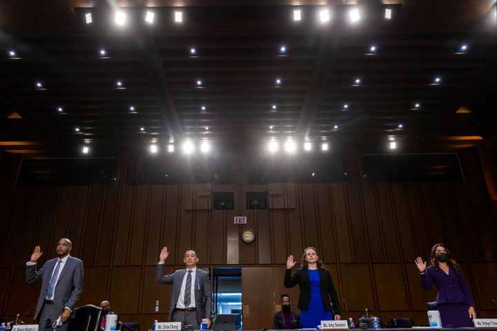 Witnesses are sworn in at the Senate Judiciary Committee hearing on gun violence on March 23, 2021.&nbsp;