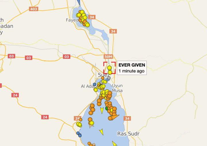 This screenshot from 4:20 a.m. Wednesday, Cairo time, on the ship tracking website Vessel Finder, shows the traffic jam in the Suez Canal. Ever Given remains stuck in the waterway.