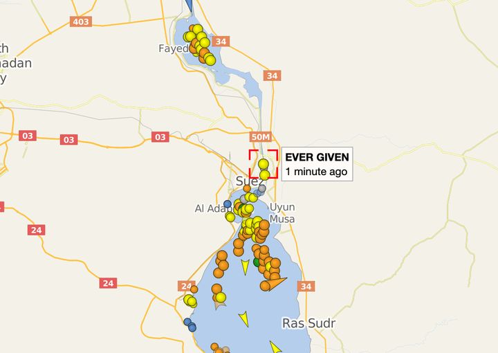 This screenshot from 4:20 a.m. Wednesday, Cairo time, on the ship tracking website Vessel Finder, shows the traffic jam in th