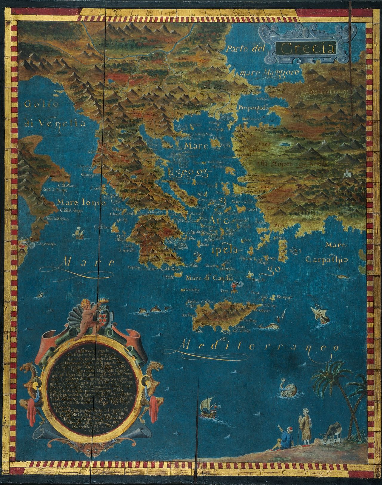Χάρτης της Ελλάδας με ιταλικό υπομνηματισμό, τέλη 17ου - αρχές 18ου αιώνα, αυγοτέμπερα σε ξύλο, 110x88,5 εκ.Μουσείο Μπενάκη 33115, δωρεά Helen Keckeis-Toble