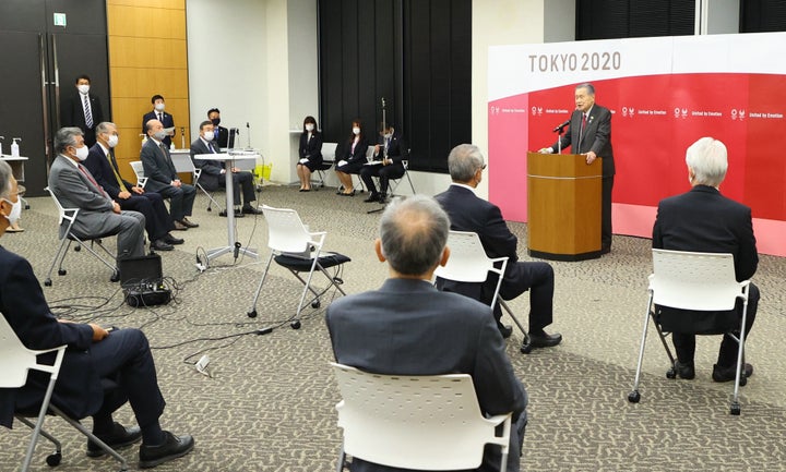 年頭あいさつを行う東京五輪・パラリンピック大会組織委員会の森元会長＝2021年1月12日