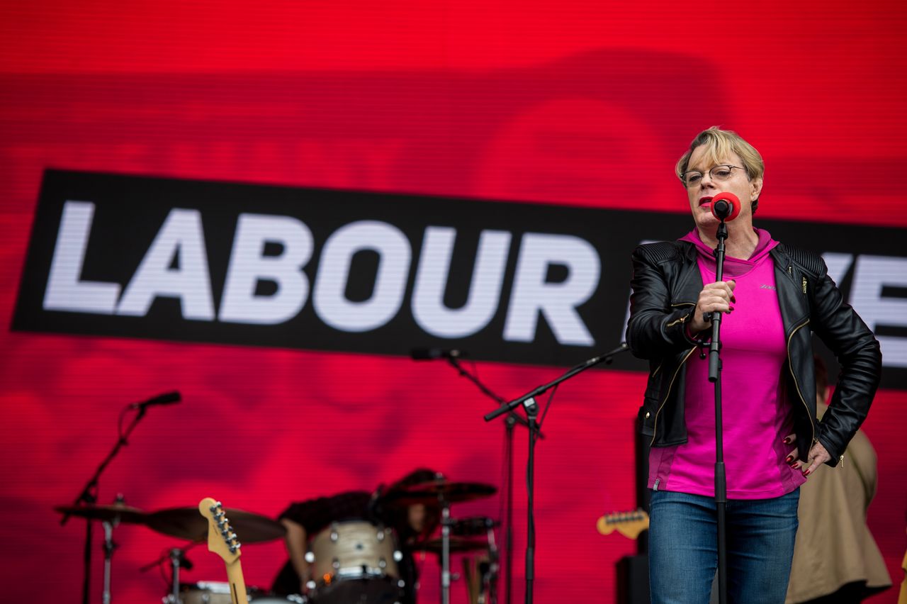 Eddie Izzard speaks on the main stage at Labour Live in London, June 2018