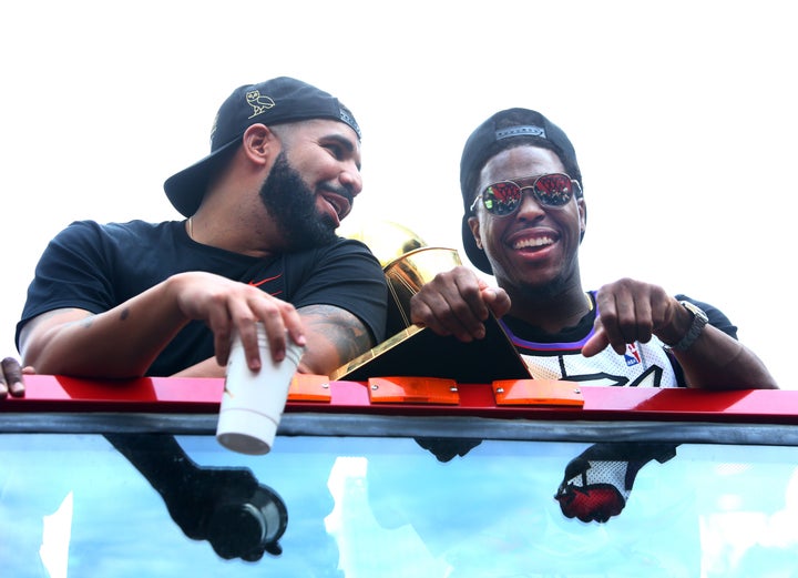 Drake and Lowry share a moment during the Toronto Raptors' victory parade on June 17, 2019.