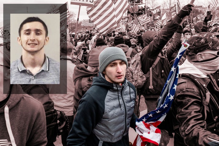 Trump supporters protest outside the Capitol Building on Jan. 6, 2021, in Washington, D.C. Inset: Matthew Beddingfield's mug shot.