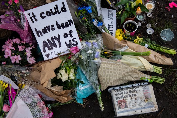 Floral tributes left at Clapham Common bandstand where people continue to pay their respects to Sarah Everard on March 16 in London, England. 