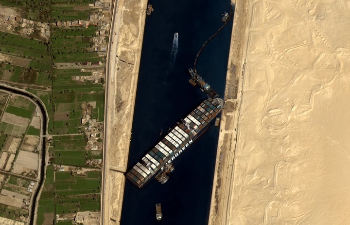 This satellite image shows the Ever Given stuck in the Suez Canal.