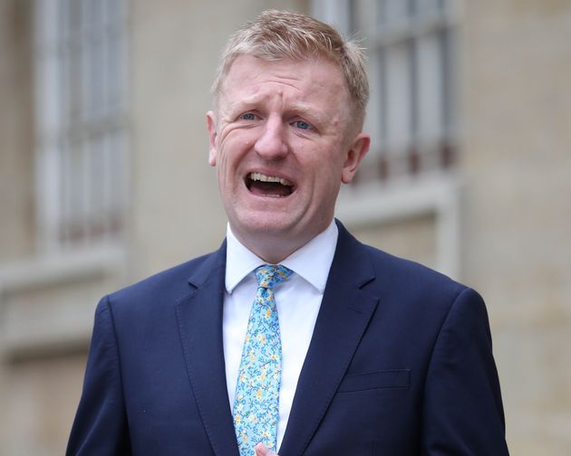 Culture Secretary Oliver Dowden takes part in an on air interview outside BBC Broadcasting House in central...