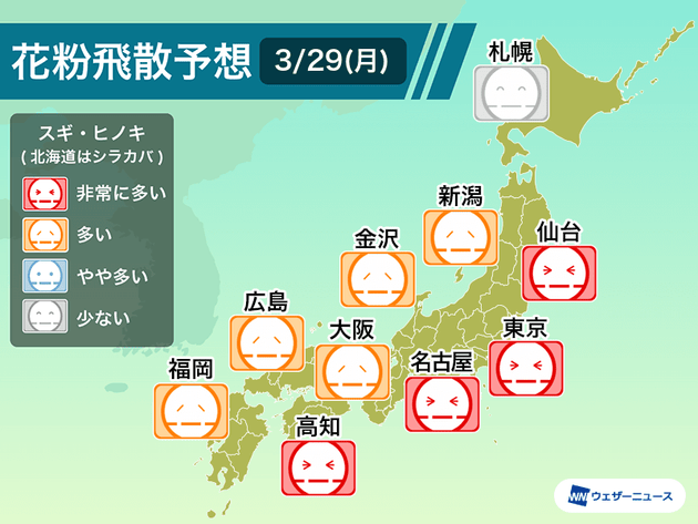 3月29日 花粉飛散予想 気温上昇で東京など広範囲で 非常に多い ヒノキ花粉の増加も ハフポスト 3月29日 花粉飛散予想 気温上昇で東京など広範囲で 非常に多い ヒノキ花粉の増加も ハフポスト