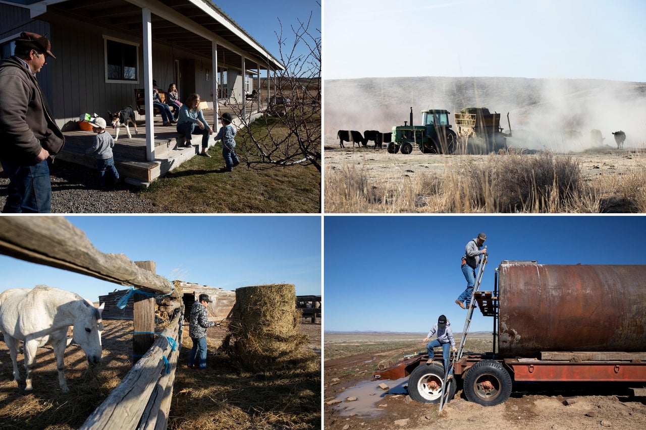 Top left: Fred Eiguren, left, and ToniJo Eiguren, sitting right, visit as the family gets ready for the day at their ranch near Arock, Oregon. Top right: Elias Eiguren feeds cows and calves during morning chores at the family’s ranch. Bottom left: Thales Eiguren, 11, feeds horses during morning chores at the family’s ranch. Bottom right: Elias Eiguren checks water lines and a tank with his son Thales. Getting water to stock and keeping them watered is one of the most challenging parts of the family’s cattle operation as the landscape is naturally arid.