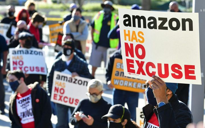 Union leaders are joined by community group representatives, elected officials and social activists for a rally in support of unionization efforts by Amazon workers in the state of Alabama on March 21 in Los Angeles, California.