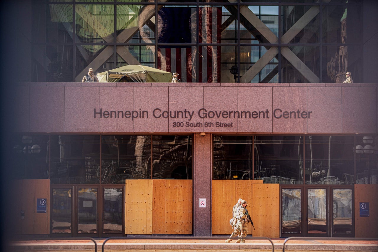 Minnesota National Guards patrol outside the Hennepin County Government Center during the opening statement of former Minneapolis Police Officer Derek Chauvin on March 29 in Minneapolis, Minnesota.