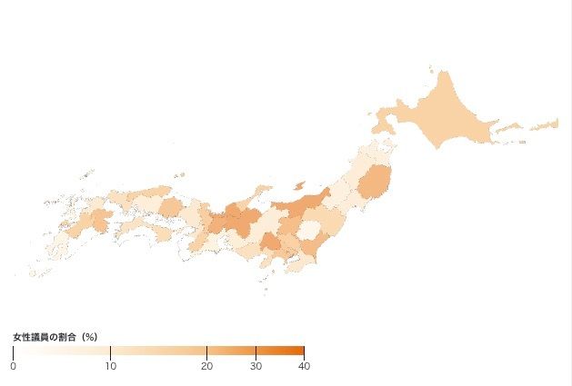 都道府県別にみる、2017年の衆院選における女性候補者の割合。白が0％、色が濃いほど割合が高い（Shota Tajima）