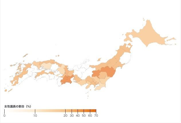 都道府県別にみる、2019年の参院選における女性候補者の割合。白が0％、色が濃いほど割合が高い（Shota Tajima）