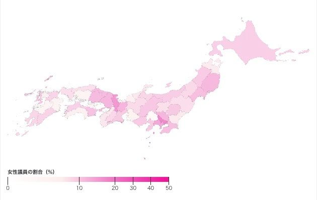 各都道府県議会の女性比率。色が濃いほど女性議員の割合が高い（Shota Tajima）