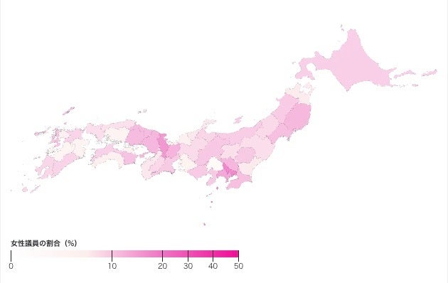 各都道府県議会の女性比率。色が濃いほど女性議員の割合が高い（Shota Tajima）