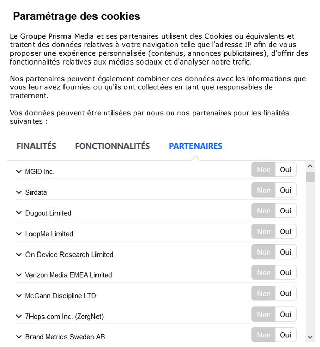 Pour paramétrer les cookies, ce site affiche liste d'une cinquantaine de noms inconnus qu'il faut décocher un par un. Au 31 mars, la CNIL impose qu'il soit possible de tous les désactiver d'un clique.