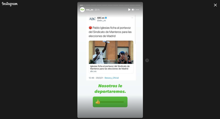 Historia de Instagram de Vox.