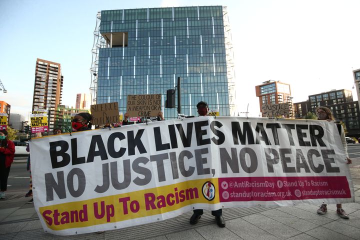 Protesters outside the US Embassy in London, as part of an anti-racism demonstration coinciding with the start of the trial of the four police officers charged with the murder of George Floyd in the US