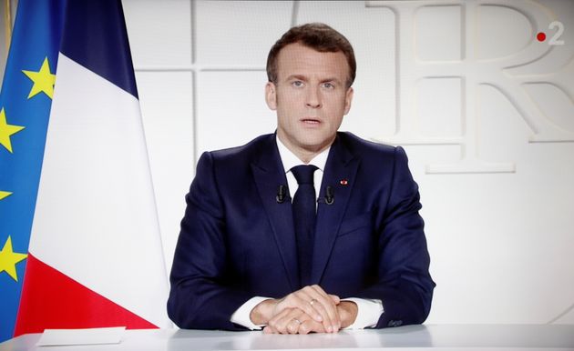Ο Γάλλος πρόεδρος Εμανουέλ Μακρόν ενώ απευθύνει διάγγελμα για το νέο αυστηρό lockdown την Τετάρτη 31 Μαρτίου.