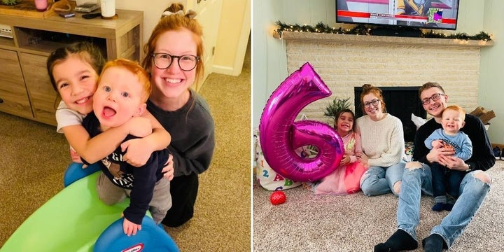 Holly Matuszak and her two children, and at right with her husband.