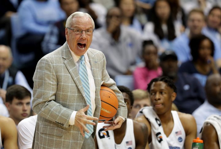 Head coach Roy Williams of the North Carolina Tar Heels yells to his team during their game against the Georgia Tech Yellow Jackets at Dean Smith Center on Jan. 20, 2018 in Chapel Hill, North Carolina. 