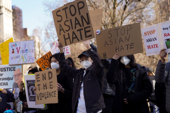 The trauma, anxiety and fear experienced by people in Asian, Asian American and Pacific Islander communities carries over into the workplace, too. Above, people take part in a protest against Asian hate in New York on March 21.