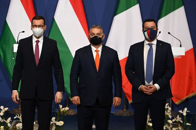 (LtoR) Polish Prime Minister Mateusz Morawiecki, Hungarian Prime Minister Viktor Orban and Italian senator...