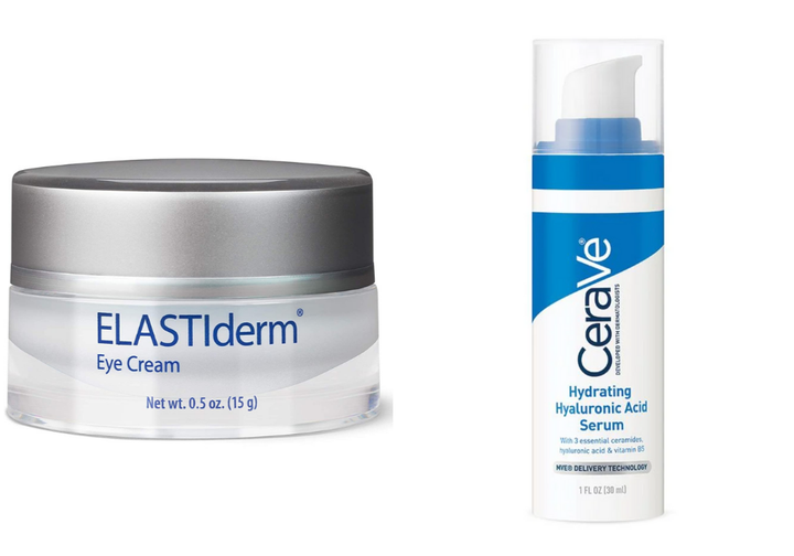 Left to right: <a href="https://www.obagi.com/medical/elastiderm-eye-cream" target="_blank" rel="noopener noreferrer">Elastiderm Eye Cream</a>, <a href="https://www.cerave.com/skincare/serums/hydrating-hyaluronic-acid-serum" target="_blank" rel="noopener noreferrer">CeraVe Hydrating Hyaluronic Acid Serum</a>