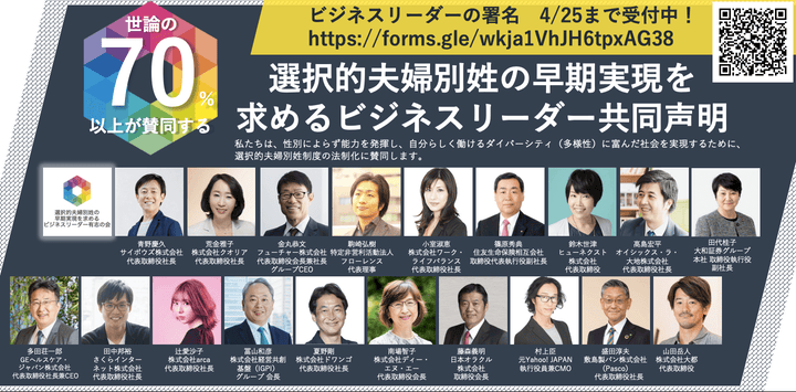 「選択的夫婦別姓の早期実現を求めるビジネスリーダー有志の会」の共同呼びかけ人