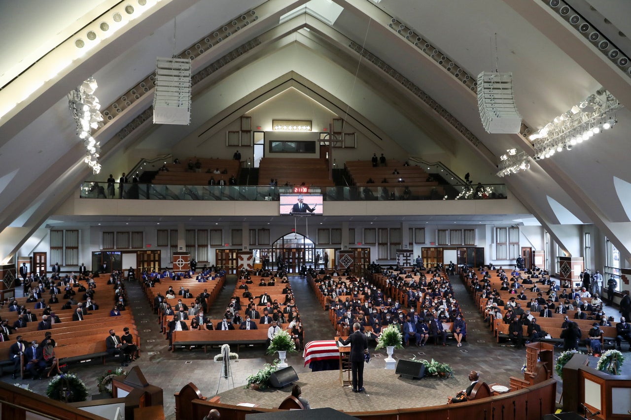 Former President Barack Obama gives the eulogy at the funeral service for Rep. John Lewis at Ebenezer Baptist Church on July 30, 2020, in Atlanta. 