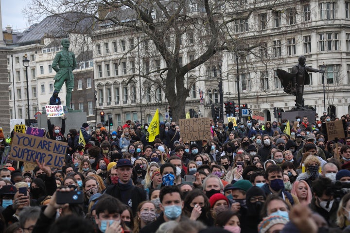 Kill the Bill demonstration in Central London against the proposed Police, Crime, Sentencing and Courts Bill on the 3rd April 2021, London, United Kingdom. Thousands turned out in London and across the UK to show their objection to the Government's proposed bill. The march went from Hyde Park to Parliament Sqaure where there was speeches. Many fear the bill is meant to suppress acts of protesting and demonstrations. The police will be given greater powers to prevent and stop actions of civil disobedience and peaceful protests and many see this as a suppression of their civil liberties. Sentencing for acts of peaceful protest is also likely to be much harsher and that may also act as a deterrent to protest. (photo by Kristian Buus/In Pictures via Getty Images)