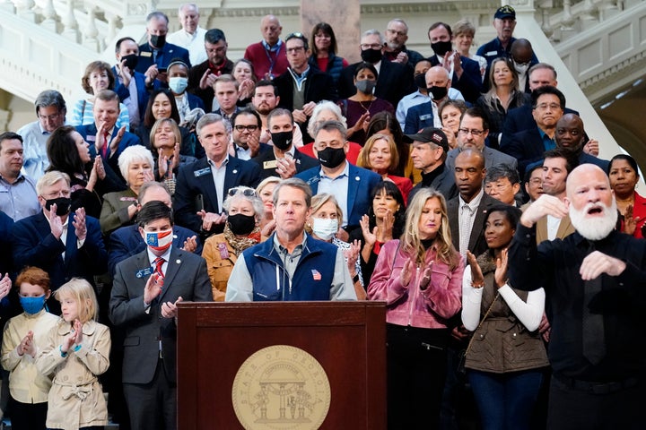 Brian Kemp speaks during a news conference at the State Capitol on Saturday, April 3, 2021, in Atlanta, about Major League Ba