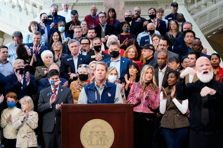 Brian Kemp speaks during a news conference at the State Capitol on Saturday, April 3, 2021, in Atlanta, about Major League Baseball's decision to pull the 2021 All-Star Game from Atlanta over the league's objection to a new Georgia voting law.