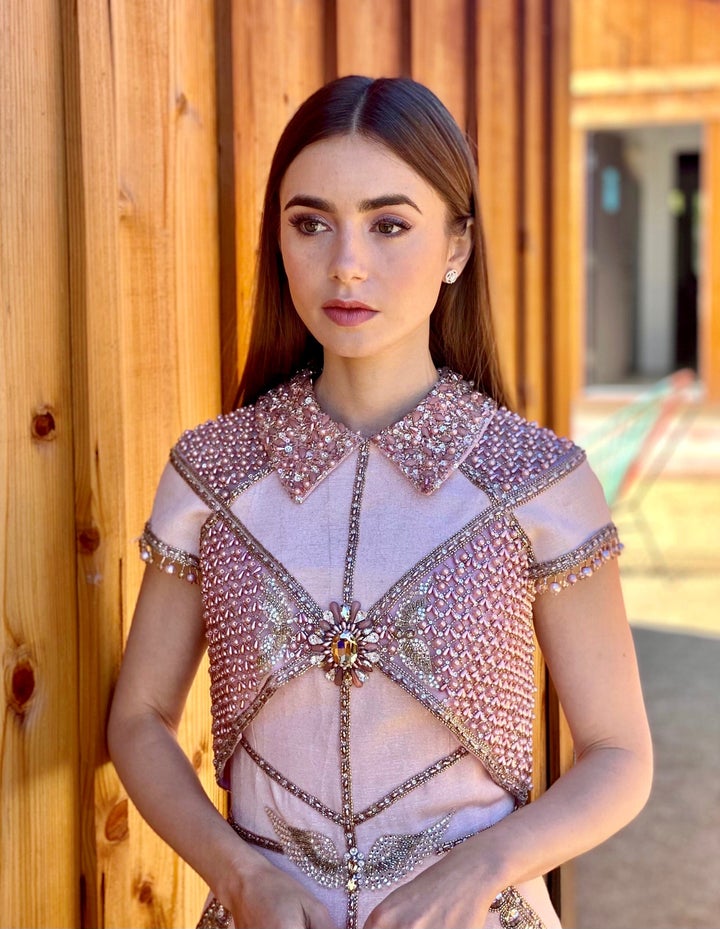 Lily Collins is seen in her award show look for the Screen Actors Guild Awards on Feb. 22 in Ojai, California. Because of COVID-19 restrictions, the 2021 SAG Awards were pre-taped for airing April 4.