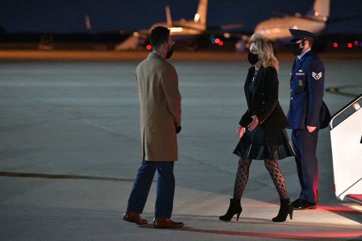 Jill Biden deplanes at Andrews Air Force Base in Maryland on April 1 after a trip to California.