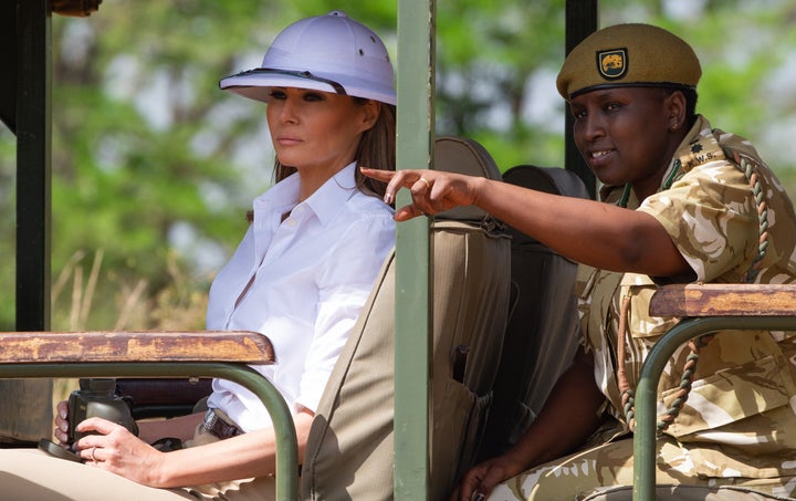 First lady Melania Trump goes on a safari with Nelly Palmeris (R), Park Manager, at the Nairobi National Park in Nairobi, Oct. 5, 2018.