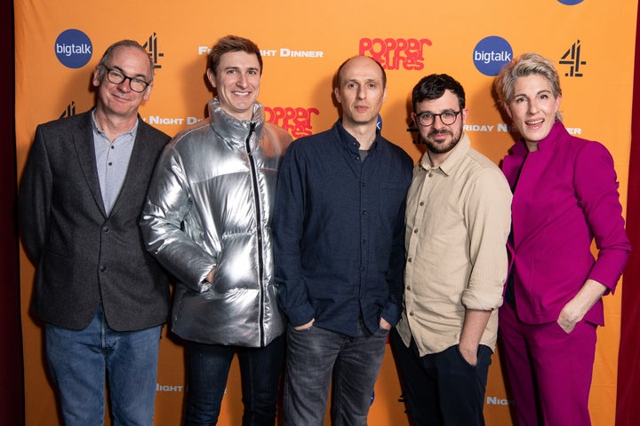 Paul Ritter with Friday Night Dinner creator Robert Popper and co-stars Tom Rosenthal, Simon Bird and Tamsin Greig