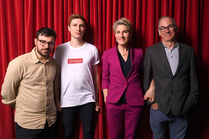 Paul with co-stars Simon Bird, Tom Rosenthal and Tamsin Greig, pictured in March 2020
