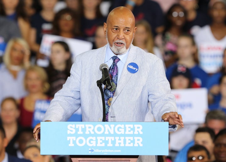 United States Congressman Alcee Hastings speaks before the arrival of Democratic presidential candidate Hillary Clinton durin