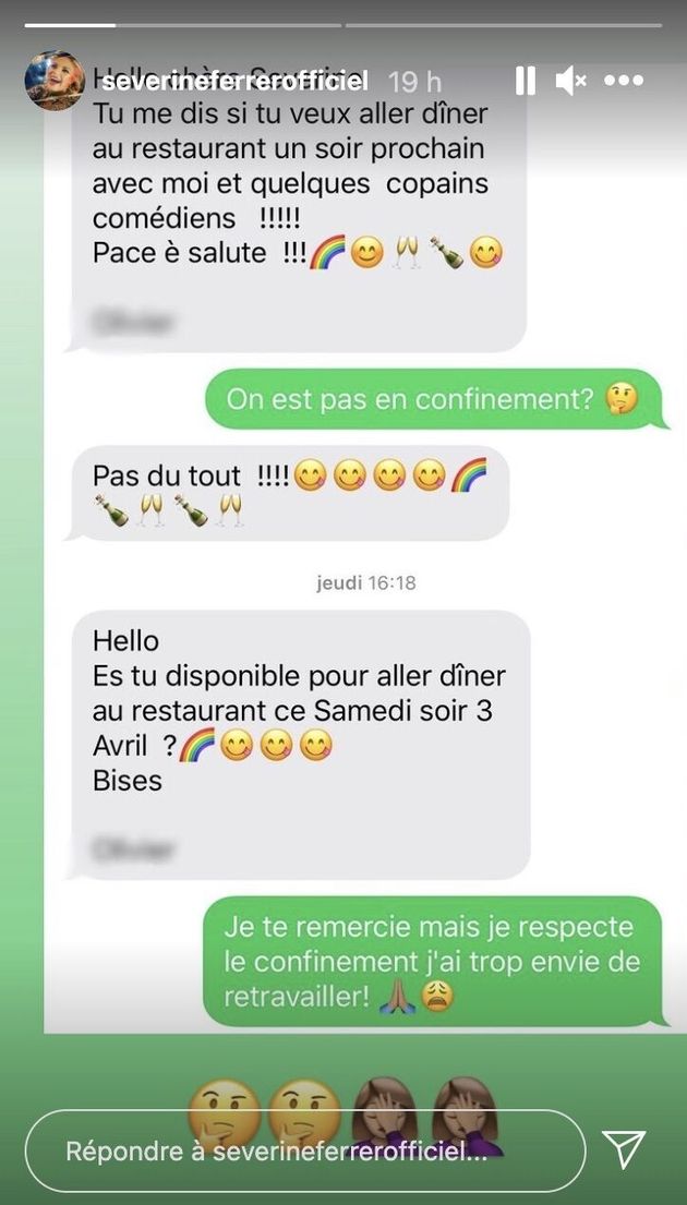 Story de Séverine Ferrer montrant l'invitation, de la part d'un ami, à un restaurant clandestin.