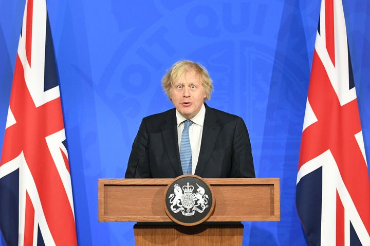Prime Minister Boris Johnson, during a media briefing in Downing Street, London, on coronavirus (Covid-19). Picture date: Monday April 5, 2021.
