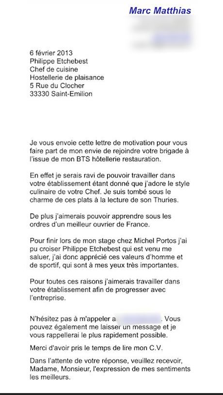 Alors âgé de 19 ans, Matthias Marc écrivait pour tenter de convaincre Philippe Etchebest de le recruter dans sa brigade. 